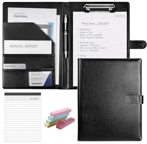 Klemmbrett A4 mit Deckel, PU-Leder Klemmbrettmappe mit Magnetverschluss | Konferenzmappe A4 mit Schreibblock Dokumentenfächern und Stifthalter, ideal für Meetings Büro und Geschäftsreisen.