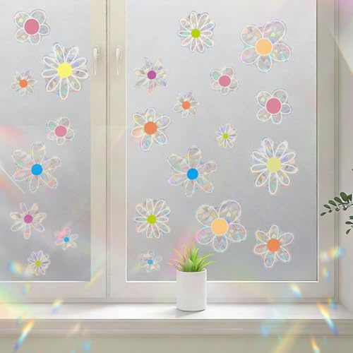 22 Bunte Gänseblümchen-Sonnenfänger-Aufkleber, Gänseblümchen Sticker Prisma Fensteraufkleber, Selbstklebende Fensteraufkleber, Vogelschutz Regenbogen Fensterfolie, für Glasfenster