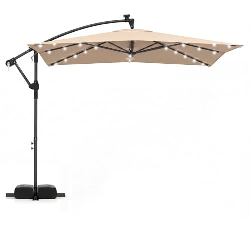 GOPLUS Sombrilla Terraza Exterior 2,5 x2,5m con 32 Luces LED Solares, Parasol Excentrico Jardin Giro de 360°, 8 Varillas, Resistente al Viento y GuardaSol (con Base y LED, Marrón, 2,5 M)