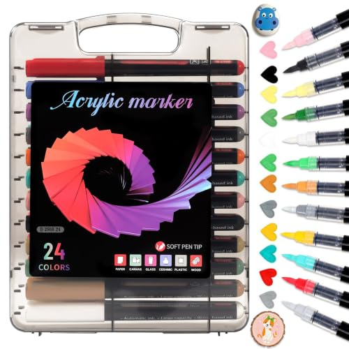 KIKIGOAL Lot de 24 marqueurs de peinture acrylique à pointe pinceau pour peinture sur roche, céramique, verre, bois, tissu, toile, artisanat, scrapbooking, fournitures artistiques pour adultes et