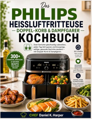 DAS PHILIPS HEISSLUFTFRITTEUSE DOPPEL-KORB & DAMPFGARER KOCHBUCH: Mit dem intelligenten Doppelkorb und der Dampfgarfunktion können Sie zwei Mahlzeiten ... saftige und gesunde Gerichte zaubern.