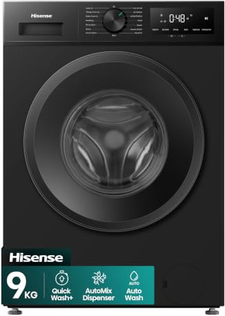 Hisense 9kg Washing Machine, Black, 1400rpm Spin Speed, Auto Wash, Steam Hygiene, Quick Wash, Inverter Motor, 15 Programmes, A Rated Energy Efficiency, Freestanding, Black, WF1I9042BBP