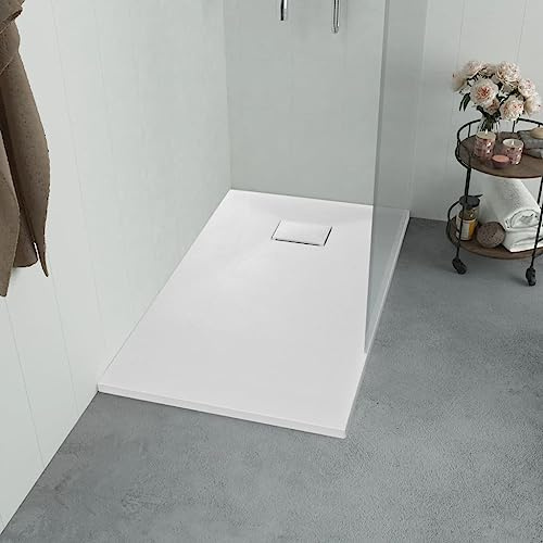 LoogCape Piatto doccia bianco 100x70 cm in SMC con soglia bassa, superficie antiscivolo, durevole, facile da pulire, adatto per bagni senza barriere, incluso foro di scarico