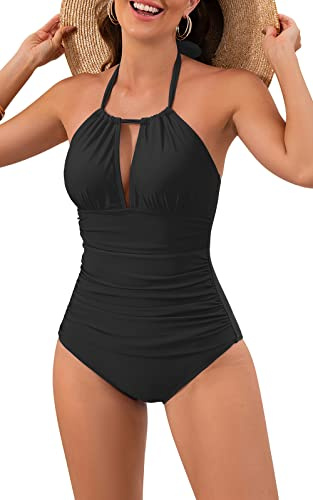 B2prity Women's One Piece Swimsuit Tummy Control Halter Bathing Suit Slimming Supportive Long Torso Friendly Swimwear A-Black