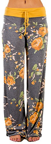 iChunhua Women's Comfy Stretch Floral Print Drawstring Palazzo Wide Leg Lounge Pants(XL,Yellow)