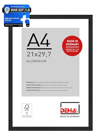 DEHA Design Boston Aluminium Picture Frame - A4 (21x29.7 cm) – Matt Black - with Synthetic Glass and Push/Turn Clips