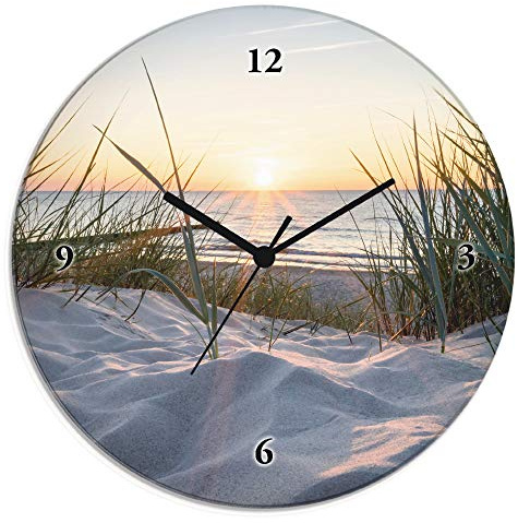 ARTLAND Wanddeko Wanduhr ohne Tickgeräusche Glas Funkuhr Ø 30 cm Rund Lautlos Sonnenuntergang Ostsee