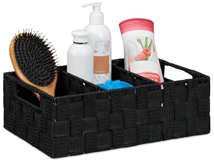 Relaxdays Storage Basket with Compartments, Bathroom Cosmetics Bin, Box, Handles, HWD: 10x32x21 cm, Black, PP, Metal, Pack of 1