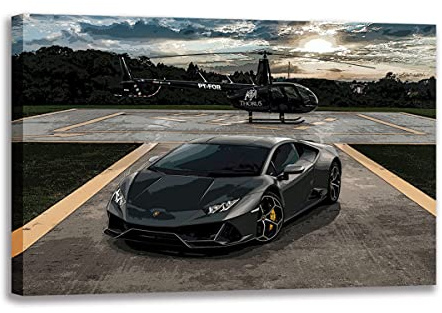 Five-Seller Moderne Malerei Lamborghini Huracan Schwarzer Supersportwagen Und Hubschrauber Wandkunst Sportwagen Poster Leinwanddruck Für Schlafzimmer Hauptzimmer Dekor (1,40_x_60_cm(ohne Rahmen))