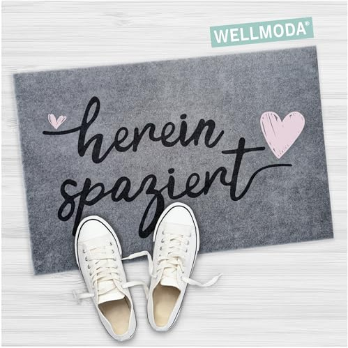 WELLMODA® Fussmatte I Hereinspaziert I Waschmaschinen geeignet & rutschfest I Fußmatte für aussen & innen I Türmatte & Türdeko, in 40x60 cm & Grau