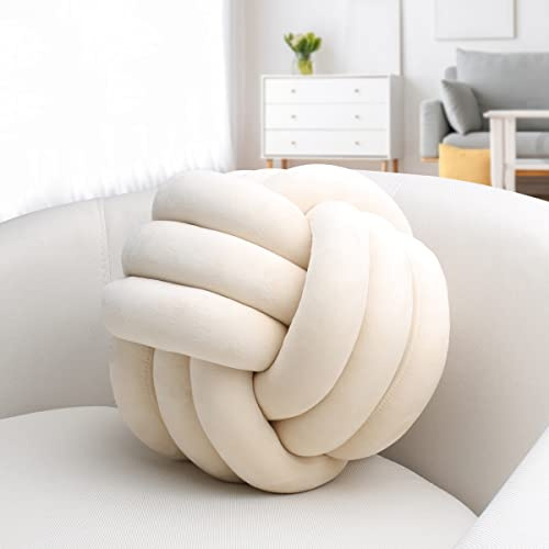 XHJRI Soft Knot Ball Pillows， Round Ball Cushion Pillows, Kids Room Decoration Plush Pillow Girl Photography Props， Throw Knotted Pillow Handmade (Light Khaki, 8.6 Inch)