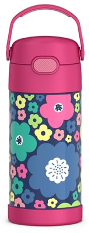 THERMOS FUNTAINER Water Bottle with Straw - 12 Ounce, Mod Flowers - Kids Stainless Steel Vacuum Insulated Water Bottle with Lid