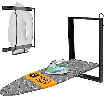 Xabitat, Tabla de planchar montable en pared con soporte de hierro, tabla de hierro plegable compacta para espacios pequeños, ahorro de espacio con cubierta de tela de algodón, 92 x 31 cm, Negro y | Gris y negro, diseño que ahorra espacio, funda de algodón, ajuste compacto para lavanderías y armarios con soporte de hierro