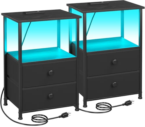 LOAKEKEL Night Stand Set 2, LED Nightstand with Charging Station, End Tables with Storage Shelf, Bed Side Table with 2 Fabric Drawers for Bedroom, Small Spaces, Black, HETS02BK