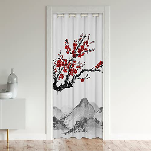 Japanese-Style Door Curtains for Doorways, Red Cherry Blossoms Printed Blackout Curtain, Mount Fuji Pattern Doorway Curtain, Ink Painting Black White Stylish Room Divider Curtain 1 Panel, 34W X 80L
