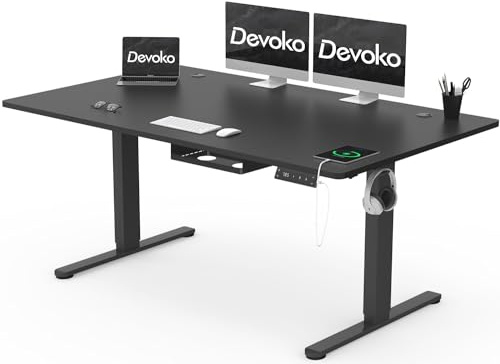 Devoko 160 x 80 cm scrivania regolabile in altezza, scrivania da ufficio con quattro sezioni, scrivania per computer con funzione di memoria, Nero