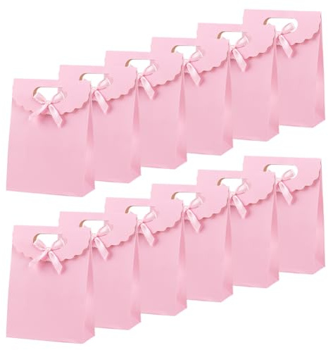 NBEADS 24 Stück Rosa Kraftpapiertüten Mit Griff, 16.5x12x6cm Stand-Up-Geschenktüte Mit Schleifenband Kleine Geschenktüte Für Süßigkeiten Kekse Verpackung Hochzeit Weihnachten Party Einzelhandel, Rosa