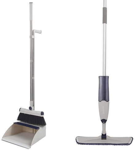 Beldray COMBO-9165 Deep Clean Long-Handle Dustpan & Brush Set With 2-in-1 Spray Mop - Multi-Surface Floor Sweeper, Built-In Broom Comb, Flat Mop with Swivel Head, Microfibre Pads, 600ml Water Tank