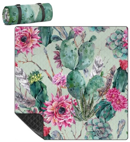 Mularoka Picknickdecke mit tropischen Blumen, Kaktus, wasserdicht, sanddicht, faltbar, Stranddecke, 200,7 x 200,7 cm, extra groß, tragbar, waschbar, Outdoor-Matte für Camping, Park, Gras, Wandern,