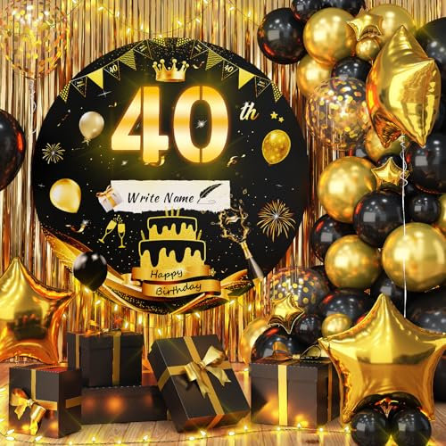 40th Birthday Party Decorations with Lights Marquee Sign Cardboard Backdrop with Lights Strips Black Gold 2.75ft Mosaic Background Cover Round 40 Happy Birthday DIY Frame Board for Wall Yard