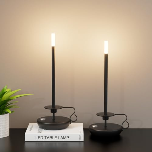 irotine 2 Stück Schwarz Kabellose Kerzenlampen,Wiederaufladbare Tischlampe 5500mAh Batteriebetriebene Dimmbare Kerzen Leuchterlampe Wireless Touch Schreibtischlampe für Restaurant,3000K Warmes Licht