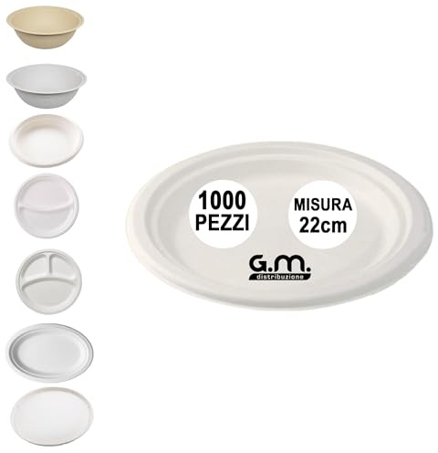G.M. DISTRIBUZIONE 1000 Piatti Rotondi Piani in Polpa di Cellulosa 22cm, Ideale per Cibi Caldi e Freddi, Piatti Impermeabili e Adatti al Microonde, Biodegradabili e Compostabili