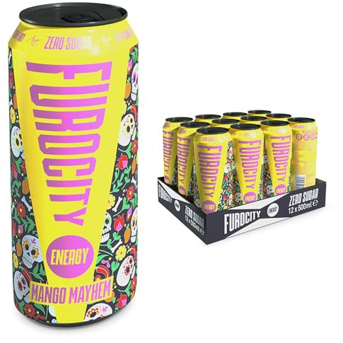 Furocity Sugar Free Energy Drink, Mango Mayhem, 157mg Caffeine, Low Calorie, Zero Sugar, High in Vitamins C, B6, B12, Taurine, Vegan, 12 x 500ml Cans