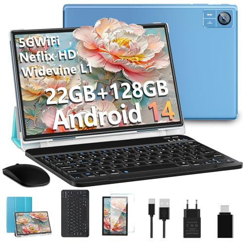 SUAAT Tablet 2025 10 Pollici, Android 14 Octa Core Con 22 GB RAM+128 GB ROM (1 TB TF), 5G+2.4G WiFi, Bluetooth 5.0, 8000mAh, 8 MP+5 MP, Widevine L1, Touch Con Tastiera| Mouse Blu