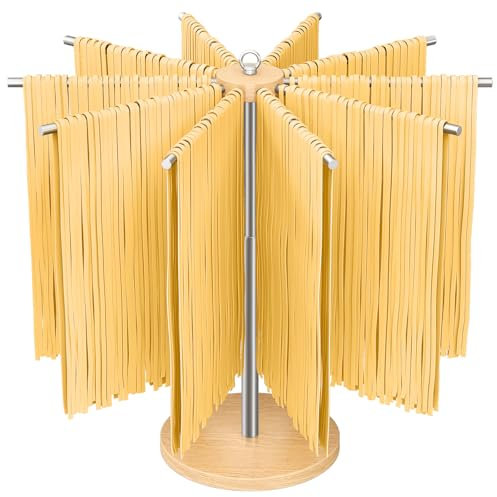 STWWO Stendi Pasta Fresca Essiccatoio per Pasta in Legno con 10 Bracci Rimovibili Acciaio Inox 304 Stendipasta Essicatore per Asciugare 2 kg Pasta Spaghetti Tagliatelle Fresca, Altezza Regolabile