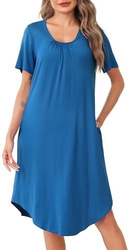 Wikoan Chemise de Nuit Manches Courtes Chemise de Nuit Femme Ete Robe de Nuit Longue Confort Vêtement de Nuit avec Col U en Poches pour Femmes Bleu Clair L
