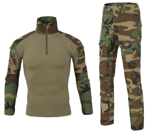 GOBIWM Completo tattico da combattimento da uomo, a maniche lunghe, con maglietta mimetica e pantaloni, tuta da trekking multitasche, 3, XS