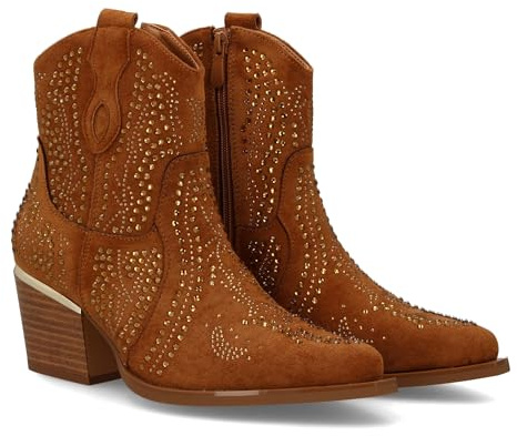 94657 Botin de Mujer con Estilo Vaquero, Detalles Brillantes y Cierre Comodo. Diseno de Tachuelas Brillantes, Tacon Cubano. Camel Talla 40