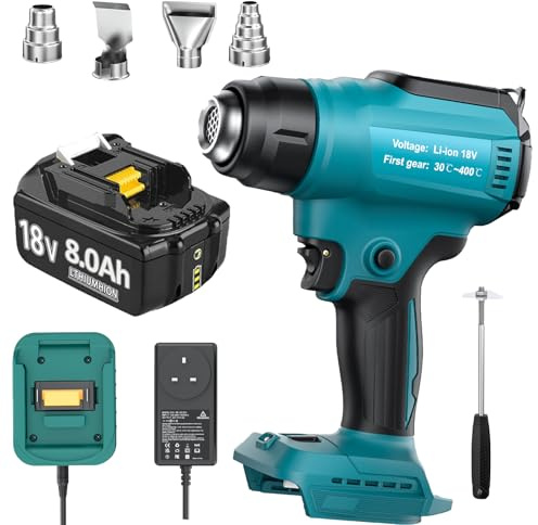 Cordless Heat Gun for and 8000mAh Battery Set with 4 Nozzles, Up to 550°C, Battery Hot Air Gun for Welding, Bending Pipes, Colour Removal