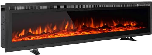EROMMY Camino Elettrico Indipendente, Montaggio a Parete, Incasso, Effetto Fiamma a 9 Colori, Telecomando, 750W/1500W, Stufa Elettrica con Set di Cristalli e Ceppi (152.4cm)