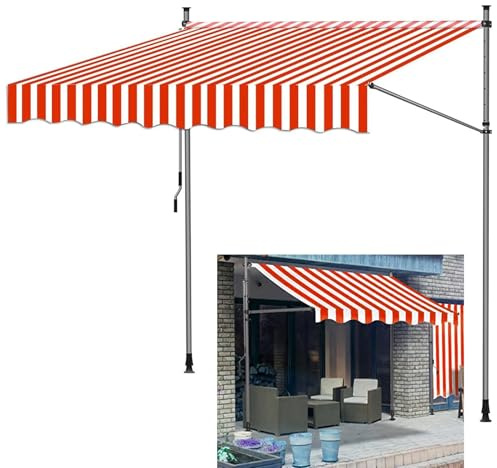Justerbar balkongmarkis – inget borrskydd och regnskydd 250 x 120 cm (rödvit) – enkel att installera, handvev, perfekt för uteplats och däck