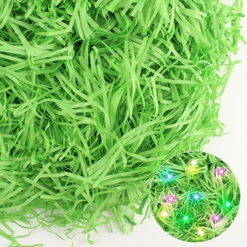 GZGXKJ Herbe de Paques 300g D'herbe de Pâques Verte Plaisir Du Bricolage Papier Déchiqueté Vert avec Lampe Filaire Remplissage Boite Cadeau pour Cadeaux Emballage Paniers et Boîtes