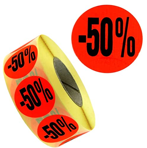 1.000 Aktionsetiketten -50% leuchtrot permanent 32mm | Aufdruck -50%, Ø 32mm rund, 1 Rolle