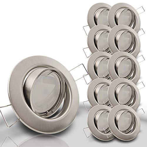 trendlights24 Decora LED Einbaustrahler 230V 10er Set 4W Warmweiß GU10 Spot | Deckenspots, Edelstahl Optik, rund, 300lm, 3000k, Spots, austauschbar, Decken Einbauleuchte, schwenkbar, 68 mm Lochmaß