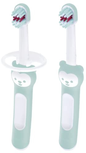 MAM Lot de 2 brosses à dents pour bébé avec bouclier de sécurité | 6 mois et plus | Pour enseigner l'hygiène dentaire aux bébés | Poils extra doux | Ergonomique et antidérapant | Bleu/blanc