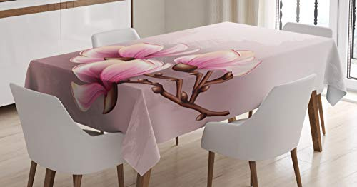 ABAKUHAUS Magnolie Tischdecke, Fragile Blütenblätter, Personalisierter Druck Klare Farben ohne Verblassen Waschbar für Außen Bereich, 140 x 200 cm, Baby Pink Braun und Rosa