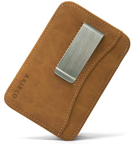 AKIELO RFID Blocking Card Holder with Money Clip and Gift Box – Compact and Slim Wallet – Minimalist Card Wallet (Charlie - Tan Clip Edition)