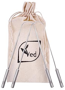 Raspador de lengua Ved con bolsa de viaje respetuosa con el medio ambiente, picoteo de 2, grado médico 100% acero inoxidable, a prueba de óxido, raspador de lengua de metal.