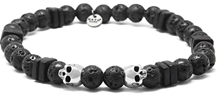 Nato Cuff - 925 Sterling Silber Totenkopf Skull Armband - Lava Perlen Halbedelsteine ​​- Griechische Keramikperlen- Herren und Damen schmuck Handgefertigt in Frankreich (Medium 17cm)