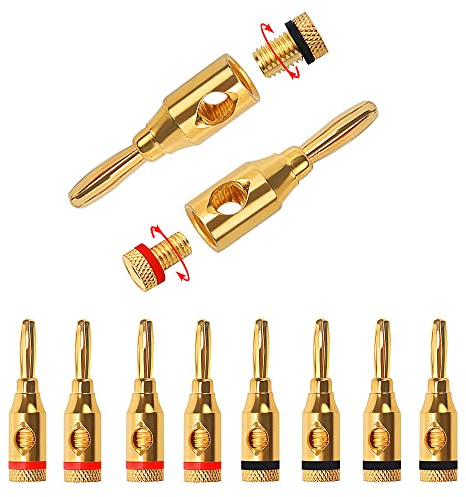 KUOQIY 10 Piezas Clavija Banana, 24K Oro Enchapado Bananas Altavoces Enchufe Adaptador, 4mm Banana Connector GoldPlated, para Cable de Altavoz, Cine en Casa, Placas de Pared (5 Rojos + 5 Negros)