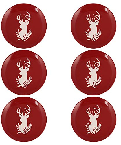 Side Plate Set of 6 Red & White Reindeer Stoneware Crockery Dinner Service | Dishwasher Safe, Microwave Safe, Hand Finished, Red Reindeer, Crockery Set, Plate Set, Dessert Plates, Bread Plates