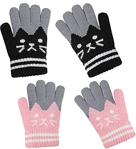truem 2 Paires de Gants d'Hiver pour Enfants, Gants en Laine Tricotés à Doigts Entiers pour Enfants, Gants Tricotés Plein Doigt Motif Chaton voor Fille et Garçon