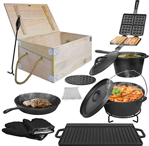 YRHome Four Néerlandais 11 Pièces dans Une Caisse en Bois, Dutch Oven Set Comprenant Gaufrier, Casserole à Sauce, Plaque de Barbecue en Fonte, Ensemble De Pôeles De Cuisson avec Boîte de Rangement