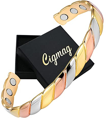 Cigmag Pulsera magnética de cobre con drenaje linfático para mujer, imán de ultra resistencia, pulsera magnética de cobre puro sólido, brazalete ajustable tipo pulsera con caja de presentación (patrón