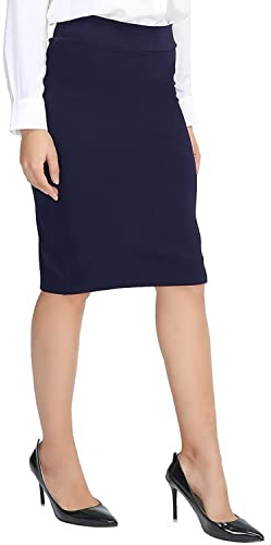 Damen Bleistiftrock mit hoher elastischer Taille, dehnbar, für Arbeit, Business, Büro, knielang, figurbetont, Kleid, marineblau, 42