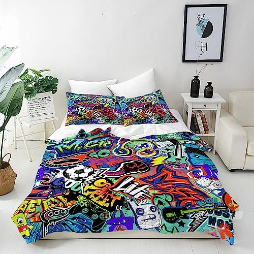 ANHOPE Graffiti Duvet Cover Set Soft Lightweight 3 Piece Bedding Set with 2 Pillowcase Abstract Monster Football Music Doodle Print Pattern Kids Boys Girls Teens Quilt Cover with Zipper Closure Single